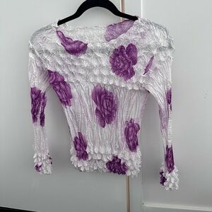 Women's White Crinkled Long-Sleeve Blouse with Purple Floral Print